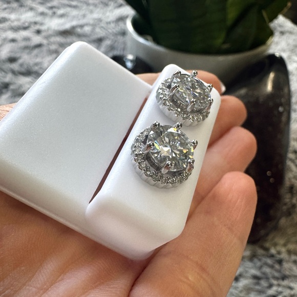 4.36 CTW Moissanite Halo Stud Earrings | VVSD, 925 Sterling Silver - Picture 3 of 5